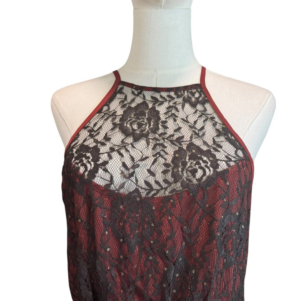 xFree People Black & Burgundy Lace Fit & Flare Mini Dress SZ:10  Sheer Open Back - Picture 6 of 11